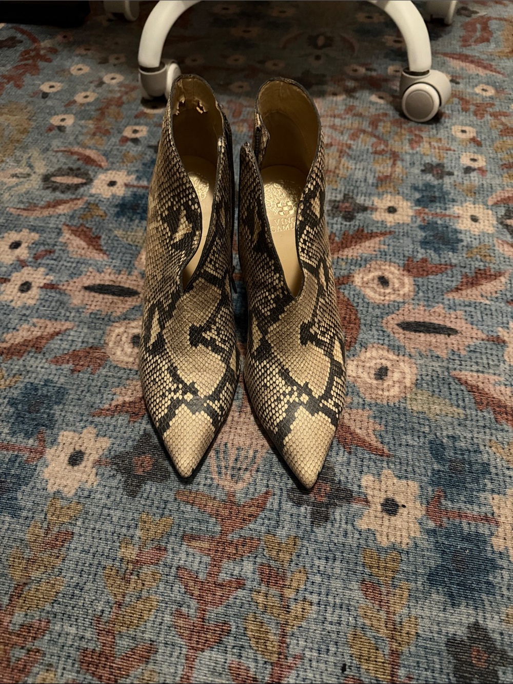 Vince Camuto Beige and Black Snake-Print Pointed Toe Ankle Booties